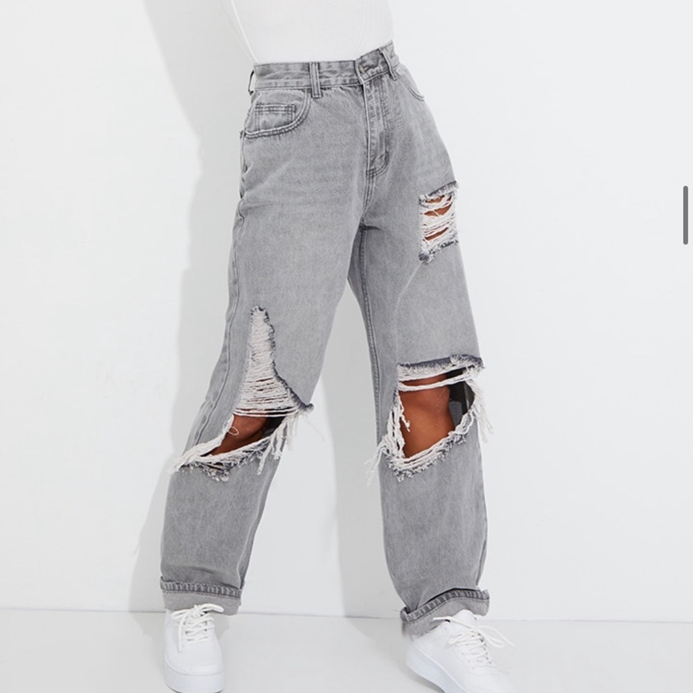 Pretty Little Thing wide leg ripped grey jeans
